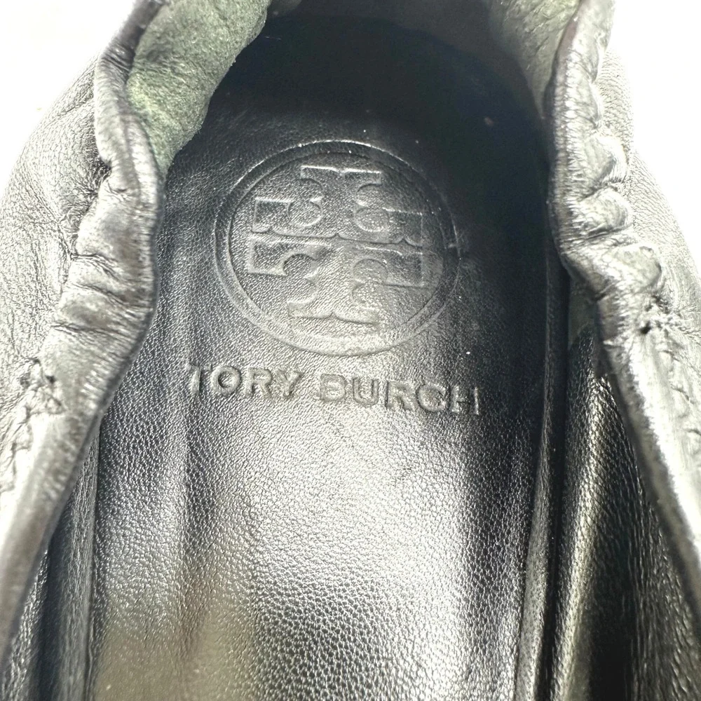 Tory Burch Reva Black Leather Ballet Flats Silver Logo Medallion Size 9.5